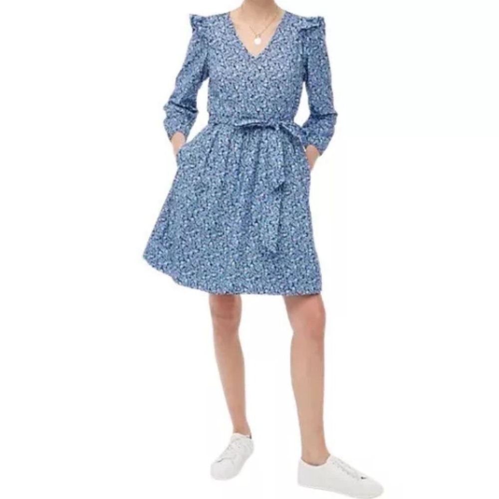 J.Crew Mini Dress Women XS Blue Floral Ruffle Long Sleeve V-Neck Casual